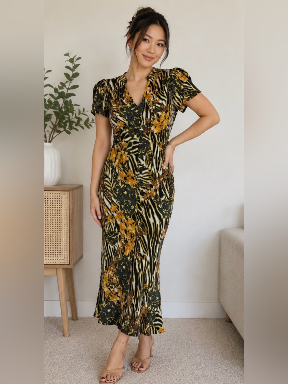 V-Neck Floral Zebra Maxi Dress in Mustard and Black